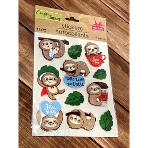 CRAFTERS SQUARE SET OF 11 SLOTH COFFEE HUG DIMENSIONAL STICKERS EMBELLISHMENT